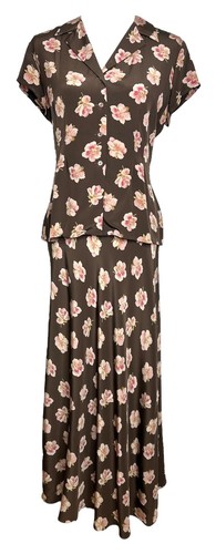 Vintage 90s Y2K Silk Top Skirt Set 12 Brown Pink Floral Boho Romantic Jones NY - Picture 5 of 13