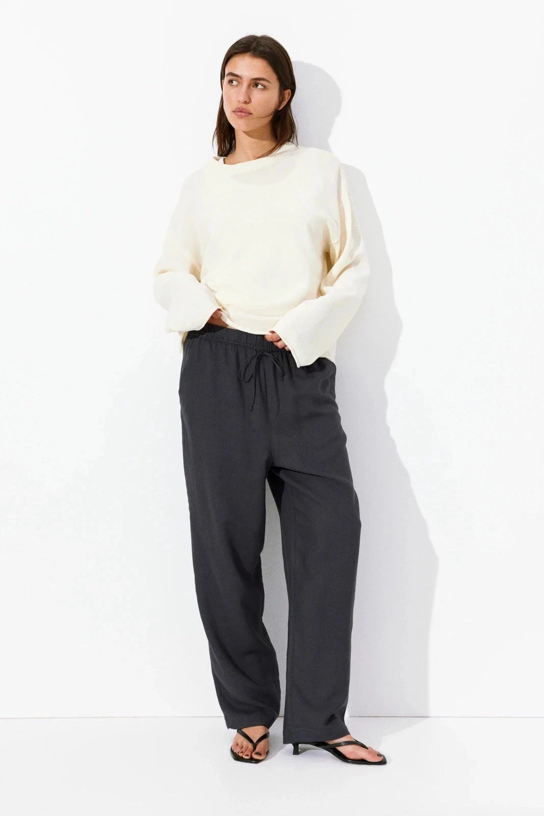 H&M Black Linen Blend Drawstring Pull-On Wide-Leg Pants Womens M Pockets