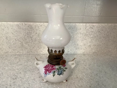 Vintage~Miniature Oil Lamp With Roses/Glass Shade 6.5” Tall