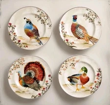 Pottery Barn~Botanical Harvest Plates~Mixed Bird~4 Dinner + 4 Salad~8 pc. ~NEW