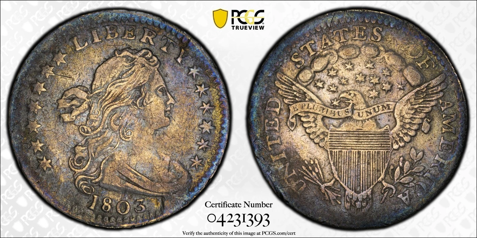 1803 Small 8 Draped Bust Silver Half Dime H10C PCGS VF 35 Type 2, Heraldic Eagle