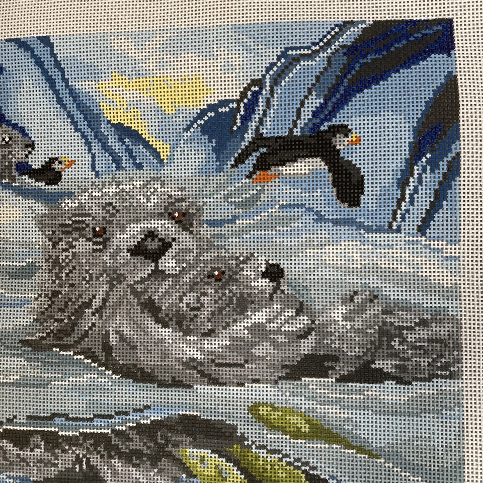 VTG Wiehler Gobelin Hand Painted Needlepoint Canvas Sea Otters Large Rare - Image 3 of 4