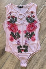 Top Chic Bodysuit Rose Pink Embroidered Floral Mesh Sheer One-Piece Size Small