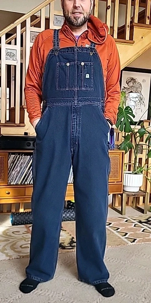 Fortress Products Bib Overalls Men 38x32 Blue Jeans Washed Denim Carpenter Loop
