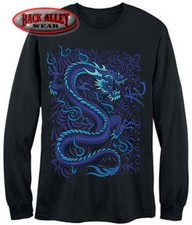 BLUE DRAGON ~ LONG SLEEVE T-Shirt Biker TEE ~ Tribal MMA Japanese Kanjii Asian
