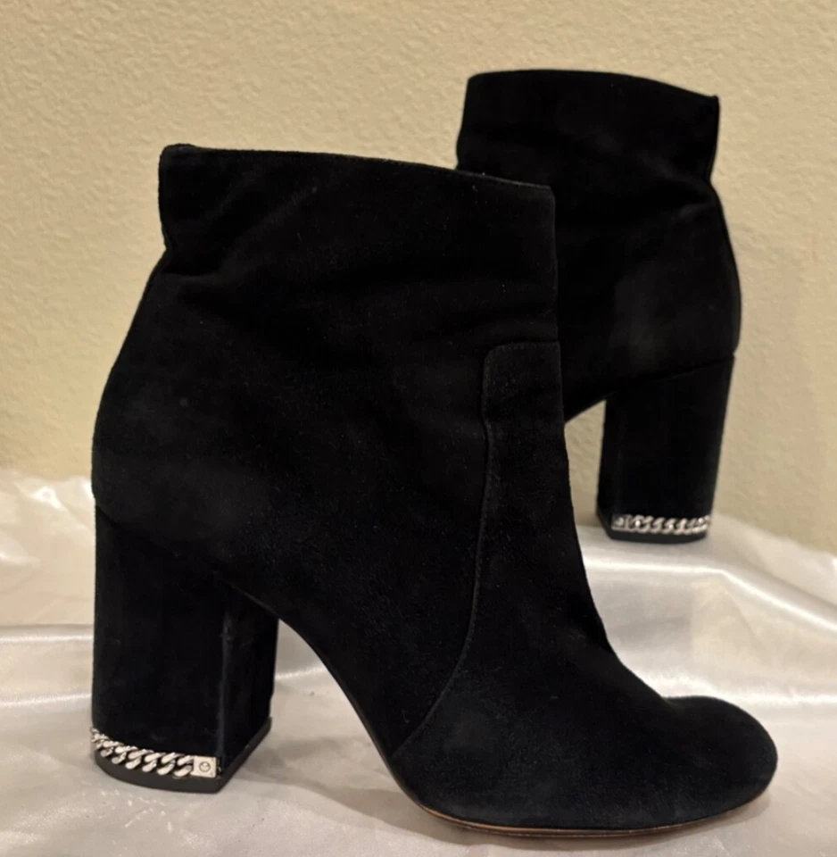Michael Kors Women's Suede Black SZ 7 Ankle Boots Block Heel/Silver Chain/Zipper - Image 2 of 4