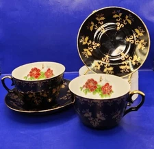 2 Tea Cup & Saucers - FB Team - Spain - Gold on Black - Red Flowers Butterfly