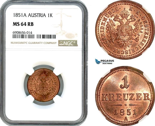 AK201, Austria, Franz Joseph, 1 Kreuzer 1851 A, Vienna Mint, NGC MS64RB