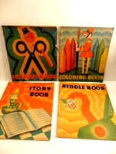 4 children's activity books from 1936 with great cover art; Saalfield Pub. Co.