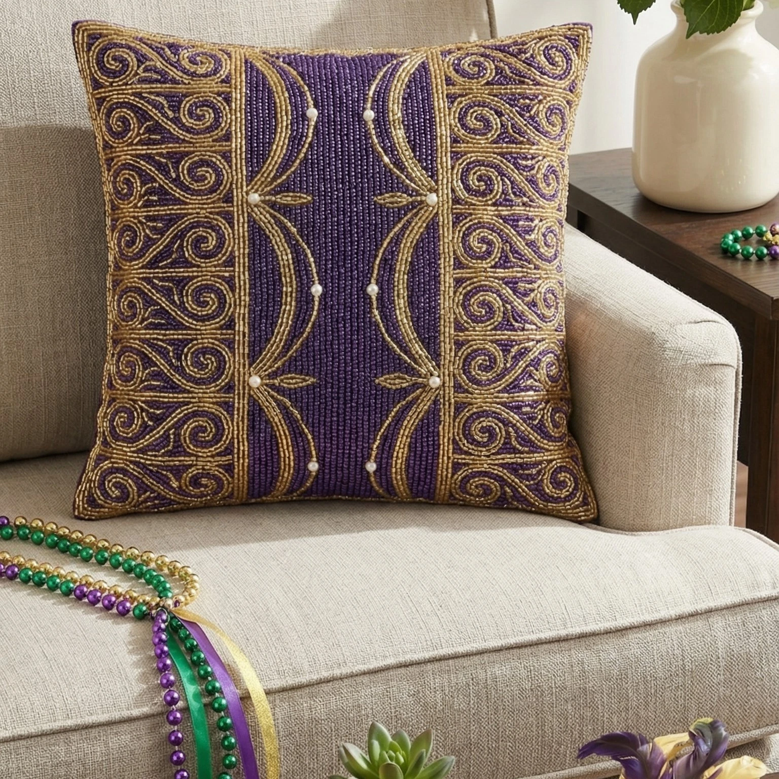 Hand-Beaded Purple & Gold Decorative Throw Pillow - 16x16, 18x18, 20x20 Inch
Opens in a new window o