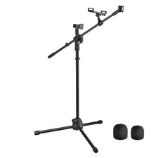 Microphone Boom Arm Stand w/ Dual Mic Clips Adjustable Tripod Phone Mount Holder