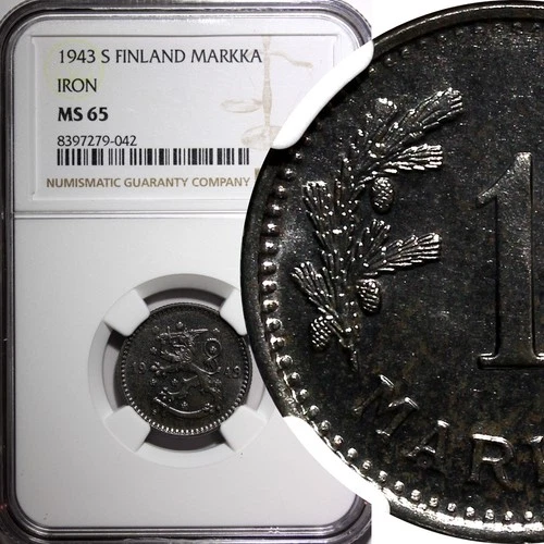FINLAND Iron 1943 S 1 Markka WWII Issue NGC MS65 TOP GRADED BY NGC KM# 30b (042)