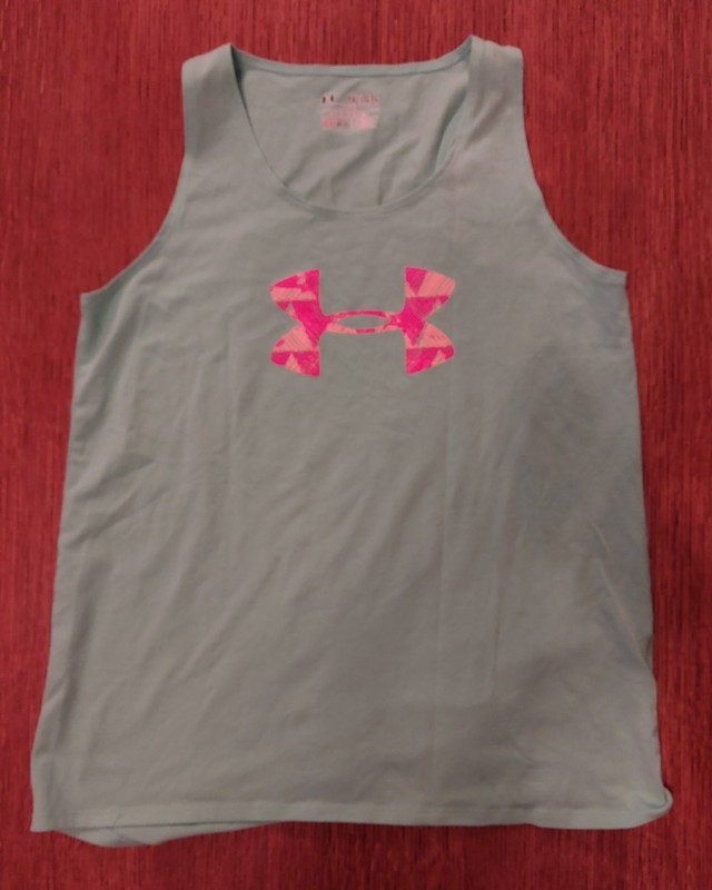 Under Armour Girls YXL Light Blue Loose Sleeveless HeatGear Tank Top Pink Logo
