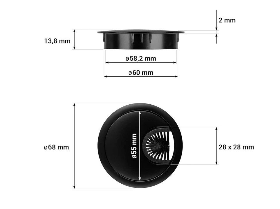 Juego de 2 pasacables 60 mm junta de cerdas de metal paso de cable negro LouMaxx Foto 4 de 4