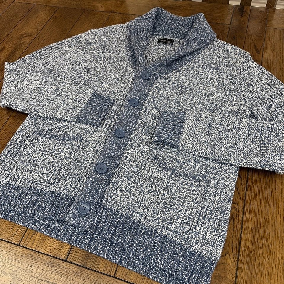 Cárdigan chal grueso Express para hombre botones azules Academia Heritage preppy talla L Foto 4 de 4