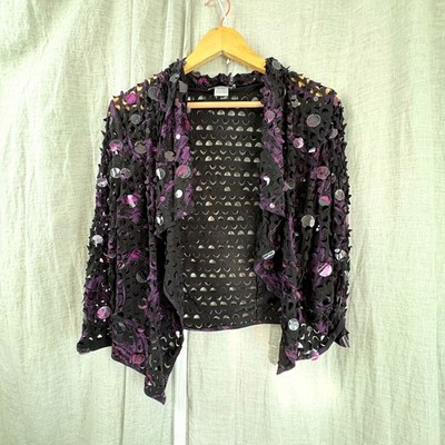 y2k Alberto Makali Shirt Cutout Sequin Open Front Asymmetric Hem Cardigan Party