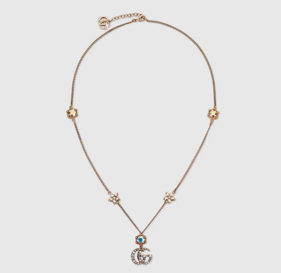 Gucci Marmont Aurora Borealis Crystal Aged Gold Tone Floral Chain Necklace $910 - Image 3 of 4