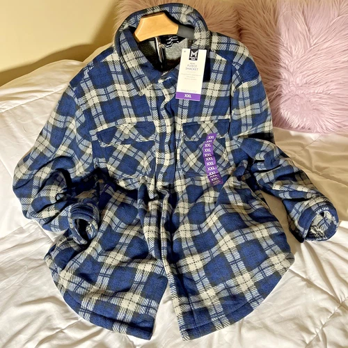 NWT Members Mark Fleece Sherpa Shacket Jacket Plaid Blue Workwear Pockets 2XL image 3