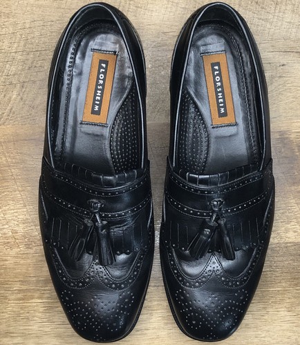 FLORSHEIM Mens Shoes Lexington Black Leather Tassel Kilted Wingtips Slip On 8.5D - Picture 2 of 9