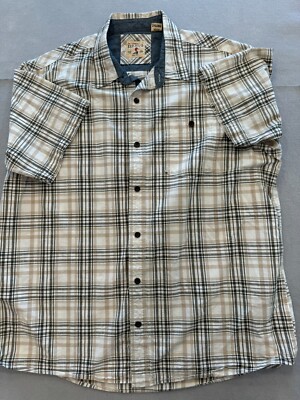 Red Head Button Down Shirt Men's 2XL Beige Plaid Pocket Collared Short Sleeve