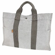 Hermès Herline MM Tote Bag Ivory Canvas Black Stripe Handle Made in France