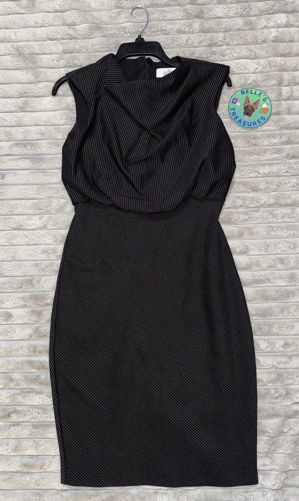 VETEMENTS Abito midi Badgley Mischka taglia 6 nero gessato collo cappuccio elasticizzato body con