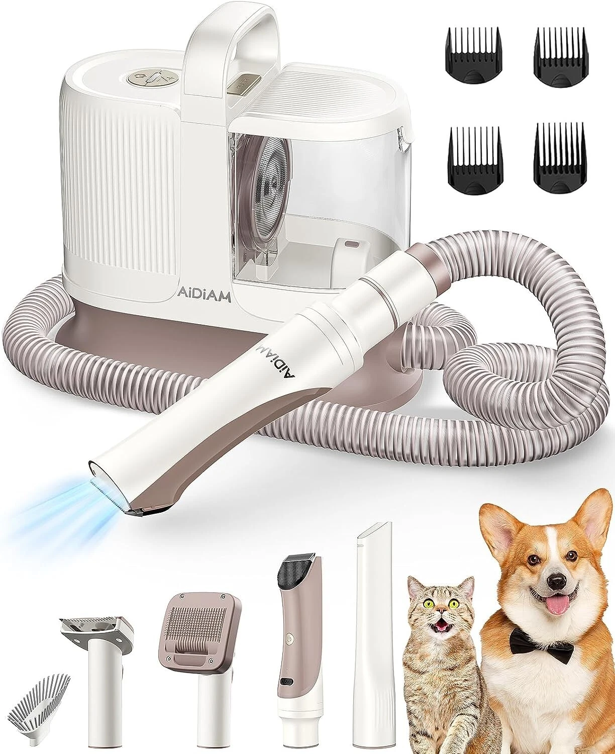 AIDIAM Dog Grooming Kit Low Noise, 3-Mode Pet Grooming Vacuum, 5-in-1 Pet Groomi