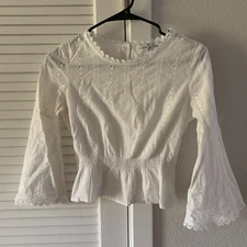 Betu Women Embroidered Peplum Blouse, White, Size XS