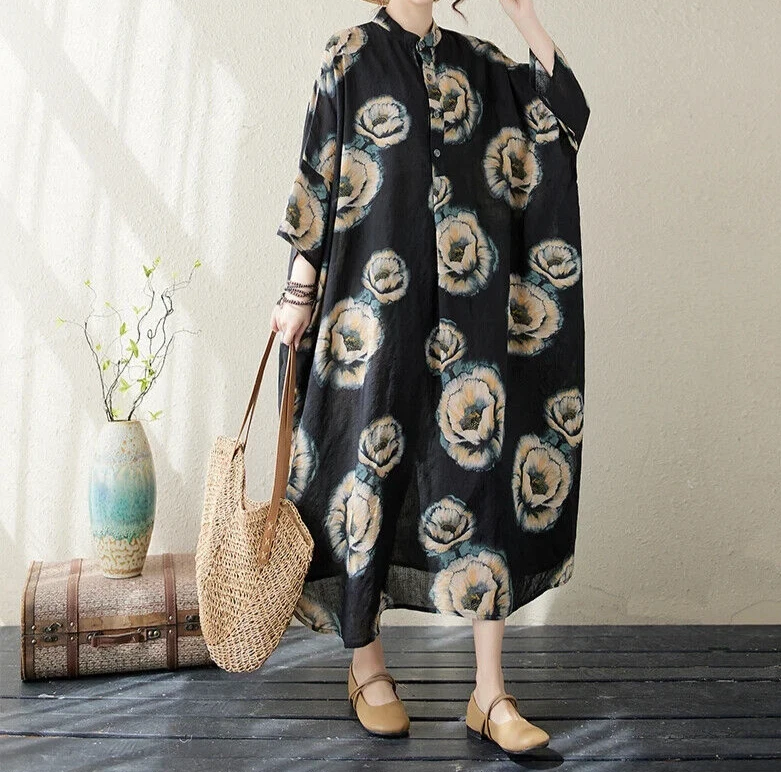 Ladies Black Arty Summer Abstract Italian  boho  Floaty  Comfy Slimming dress 18 - Image 4 of 4