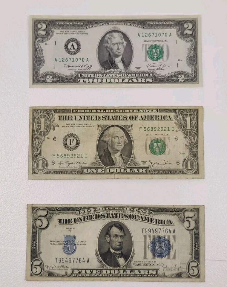 1934 $5 Bill silver seal note 1977 one dollar bill $2 banknote 1976 uncirculated - Image 2 of 4