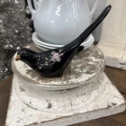 Fenton Bird of Happiness - Ebony Black Glass Painted Pink Roses Signed