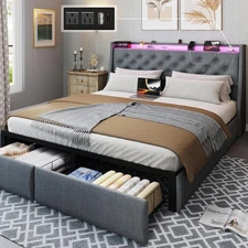 Full Queen Metal Bed Frame with Storage Drawers & Upholstered Storage Headboard