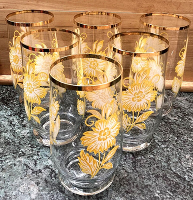 Sechs hübsche Retro Vintage gelbe Gänseblümchen Goldband Blume Gläser Becher