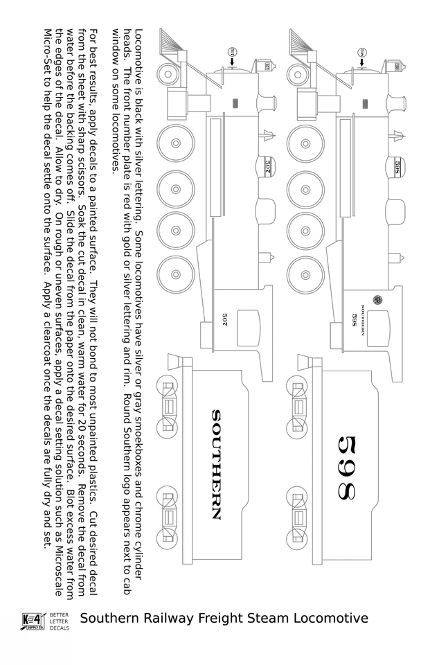 K4 O Scale Decals Southern Railway Freight Steam Locomotive Gold - Image 2 of 3
