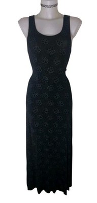 Vtg Hennes Collection Sz 38 Womens Black Floral Stretchy Grunge Goth Maxi Dress
