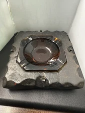 Mid Century Witco Style Hand Carved Wood Ashtray with amber glass brudalist vtg