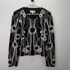 St John Evening Jacket Black Knit Embroidered Applique Floral Full Zip Size 14