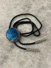Western Bolo Tie Mens Blue Abalone Braided Black Cord Silver Tone Tips Oval Boho