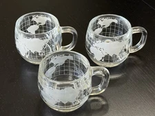 Nestle Frosted Glass World Map Coffee Mugs Vintage Globe Tea Cups Set of 3
