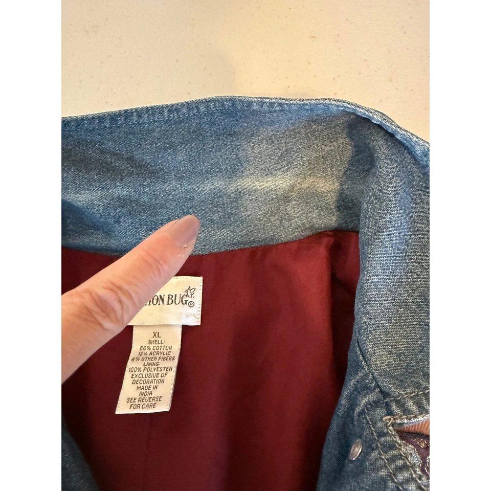 VTG Fashion Bug Women Patchwork Denim Jacket Burgundy Velvet Paisley Boho XL - Image 3 of 4