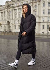 New Women Black Chevron Quilted Maxi Hooded Duvet Puffer Coat .uk 8 10 12 14 16