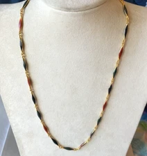 VTG 1980S JEWEL TONE ENAMEIL BAR NECKLACE RED GREEN BLUE GOLD TONE 22"