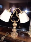 Vintage Italian Gold Wood Toleware Table Lamp Two Light Boudoir Desk Lamp Roses — photo 1