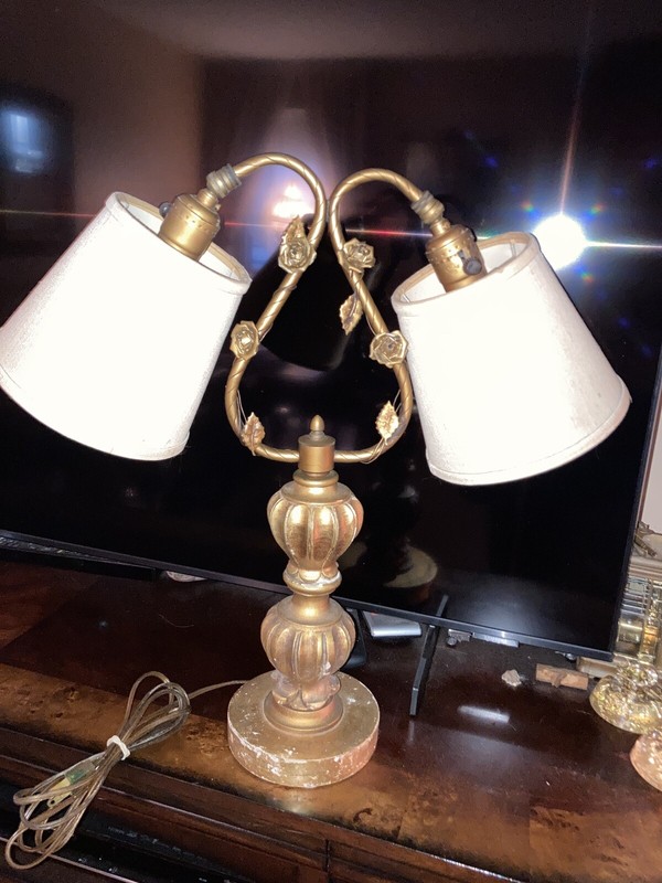 Vintage Italian Gold Wood Toleware Table Lamp Two Light Boudoir Desk Lamp Roses