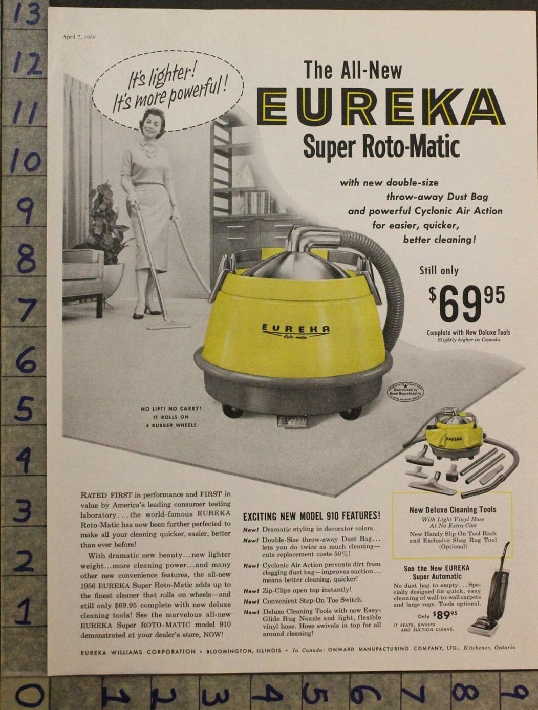 1956 EUREKA VACUUM CLEANER RUG HOUSEHOLD BLOOMINGTON CARPET FASHION AD