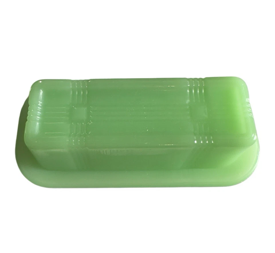 TPC Jadeite Butter Dish Green Glass Covered Tray Criss Cross Striped Retro Vtg - Image 4 of 4