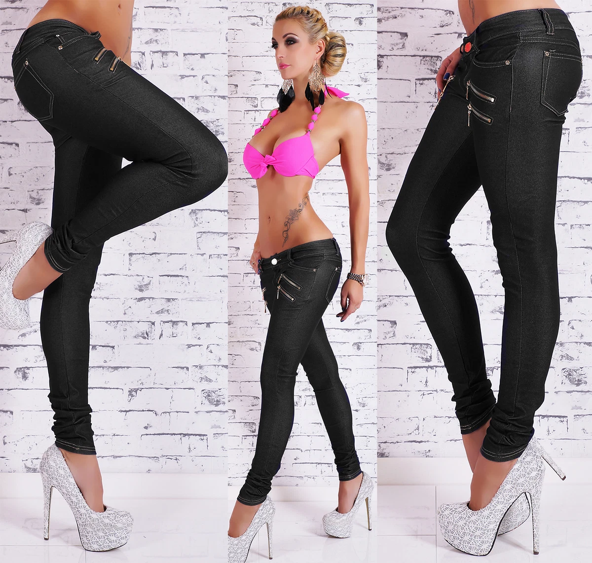 WOMENS JEANS LOOK LEGGINGS LADIES JEGGINGS HOT PANTS CASUAL BLACK