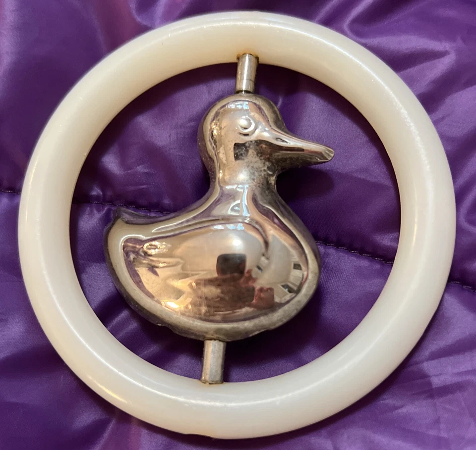 Anillo de dentición 1950 bebé plata esterlina 925 baquelita giratorio pato sonajero kk15 Foto 2 de 4