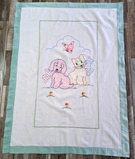 VTG Hand Stitched Blanket Wall Hanging Cat Dog Butterfly Cotton Applique Nursery