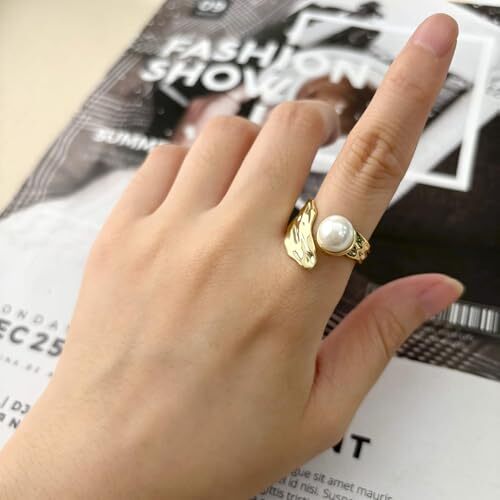 Gold Pearl Ring, Adjustable Pearl Rings for Women, Freshwater Pearl Ring, June - Picture 7 of 8